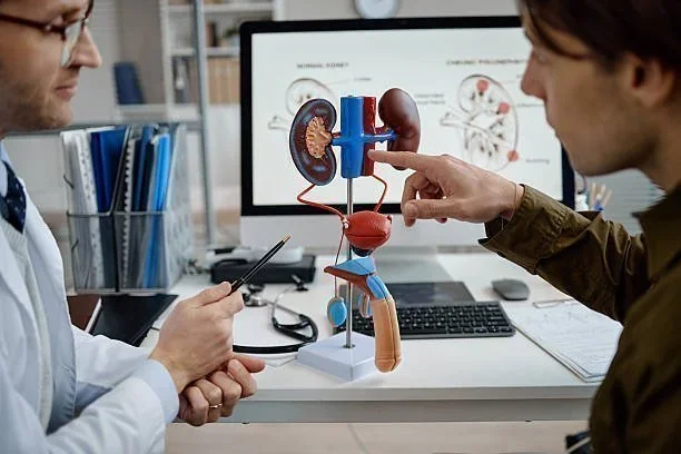 Médico e paciente analisam modelo anatômico do sistema urinário. Tela de computador exibe diagramas de rins