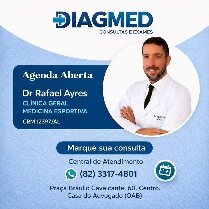 Logo Diagmed, Dr Rafael Ayres em jaleco, informações de contato e endereço para agendamento de consultas
