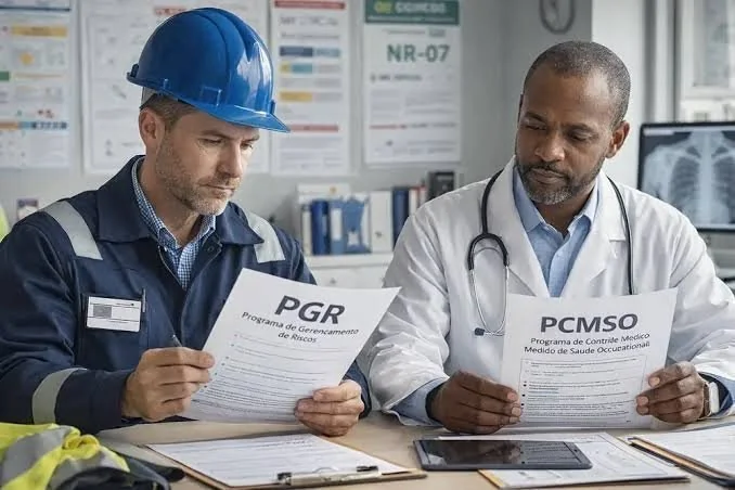 Trabalhador de capacete azul e médico com estetoscópio analisam documentos de PGR e PCMSO