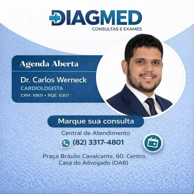 Agenda aberta do Dr. Carlos Werneck, cardiologista (CRM 10611, RQE 6307). Contato (82) 3317-4801 e endereço