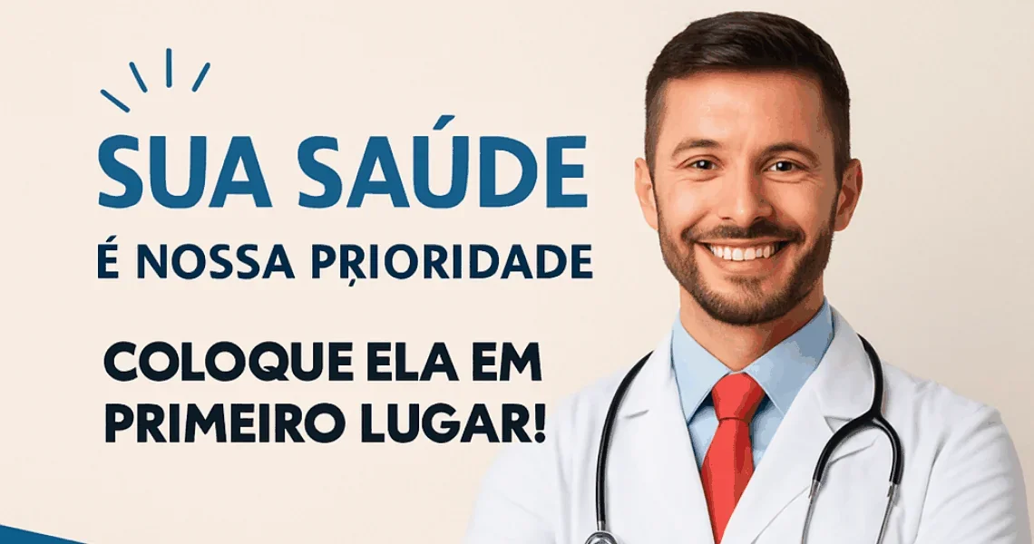 Médico sorridente de jaleco branco e gravata vermelha, com estetoscópio. Texto: 'SUA SAÚDE É NOSSA PRIORIDADE COLOQUE ELA EM…