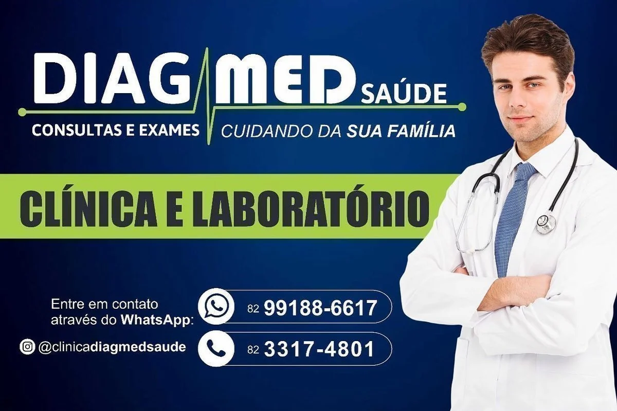 Médico de jaleco branco com estetoscópio, logo Diagmed Saúde, textos sobre clínica, exames e contatos
