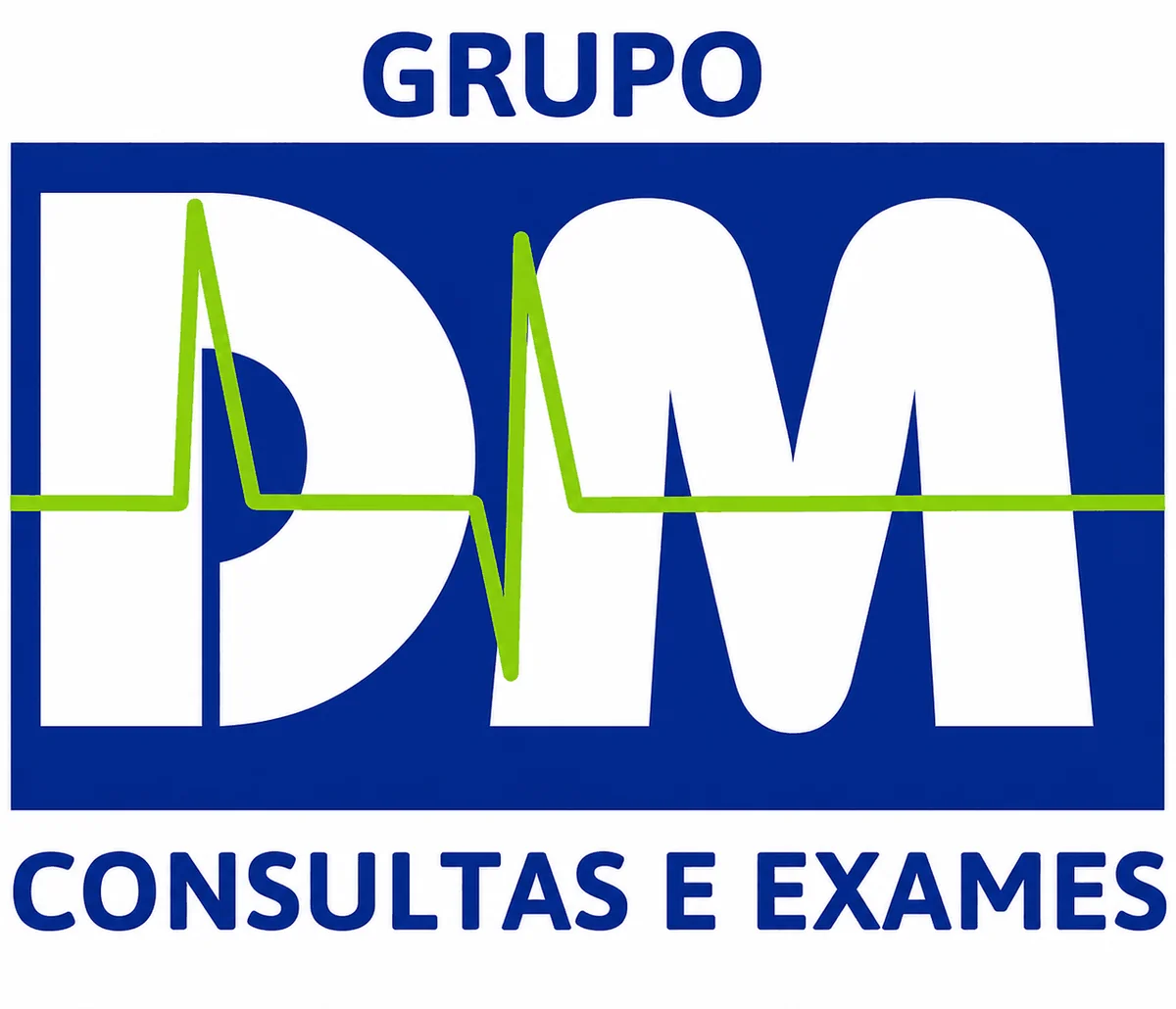 Logo Grupo DM Consultas e Exames, com letras brancas e linha verde de ECG em fundo azul