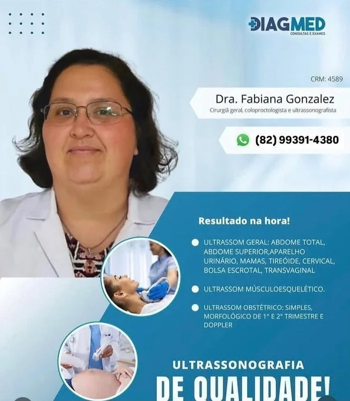 Dra. Fabiana Gonzalez, médica, com contato e lista de ultrassonografias: geral, musculoesquelética e obstétrica