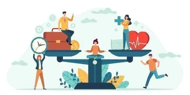 Balança com elementos de trabalho (maleta, dinheiro, relógio) e saúde (cruz, coração, travesseiro), e pessoas, incluindo uma…