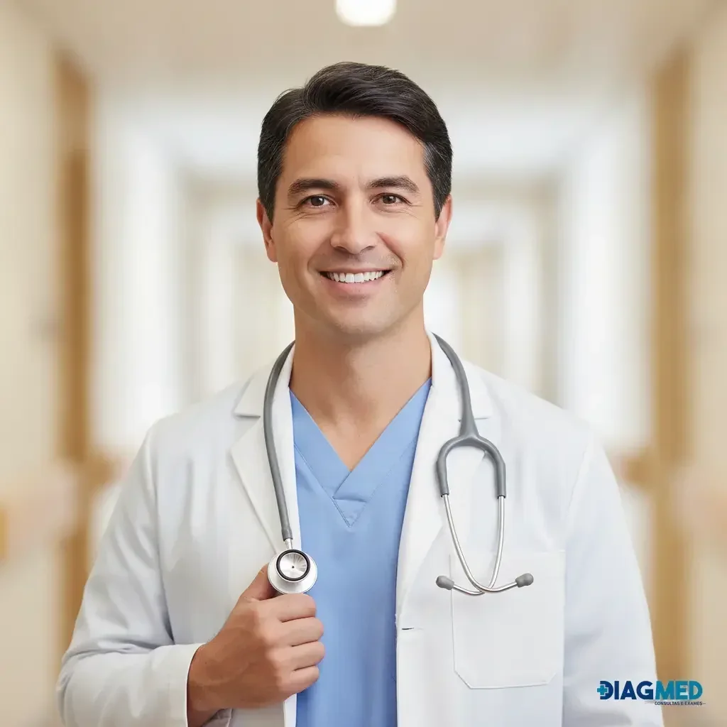 Médico sorridente de jaleco branco e scrub azul com estetoscópio em corredor de hospital, logo Diagmed