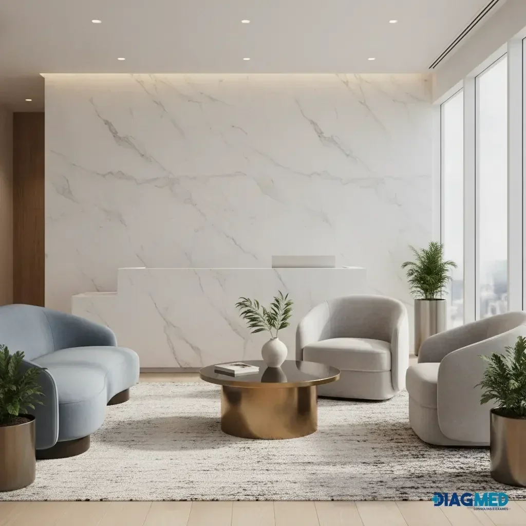 Recepção moderna com balcão de mármore, sofá azul, poltronas cinzas, mesa de centro dourada e plantas