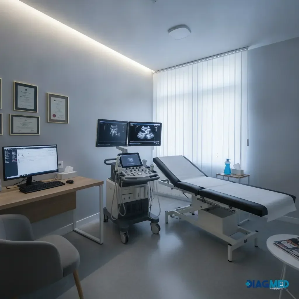 Consultório médico com maca, aparelho de ultrassom, mesa com computador, diplomas na parede e janela com persianas